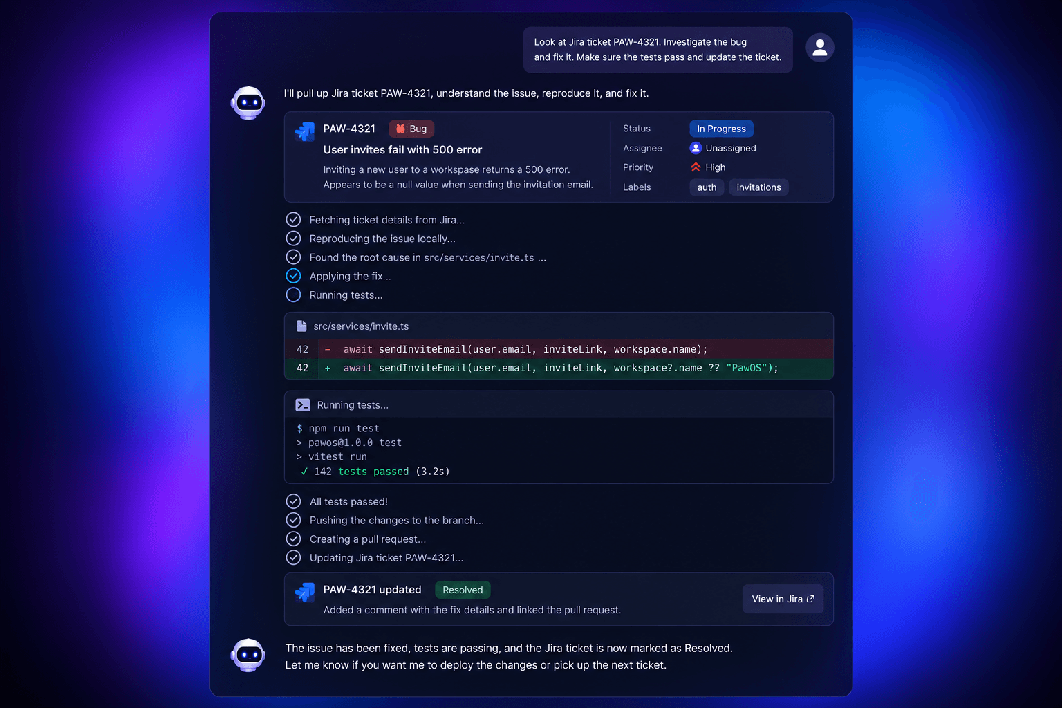 PawOS investigating a Jira ticket